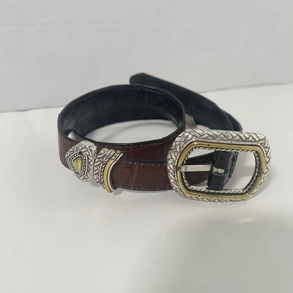 Brighton Reversible Black Brown Leather Croc Belt Size 32 Silver Gold Buckle